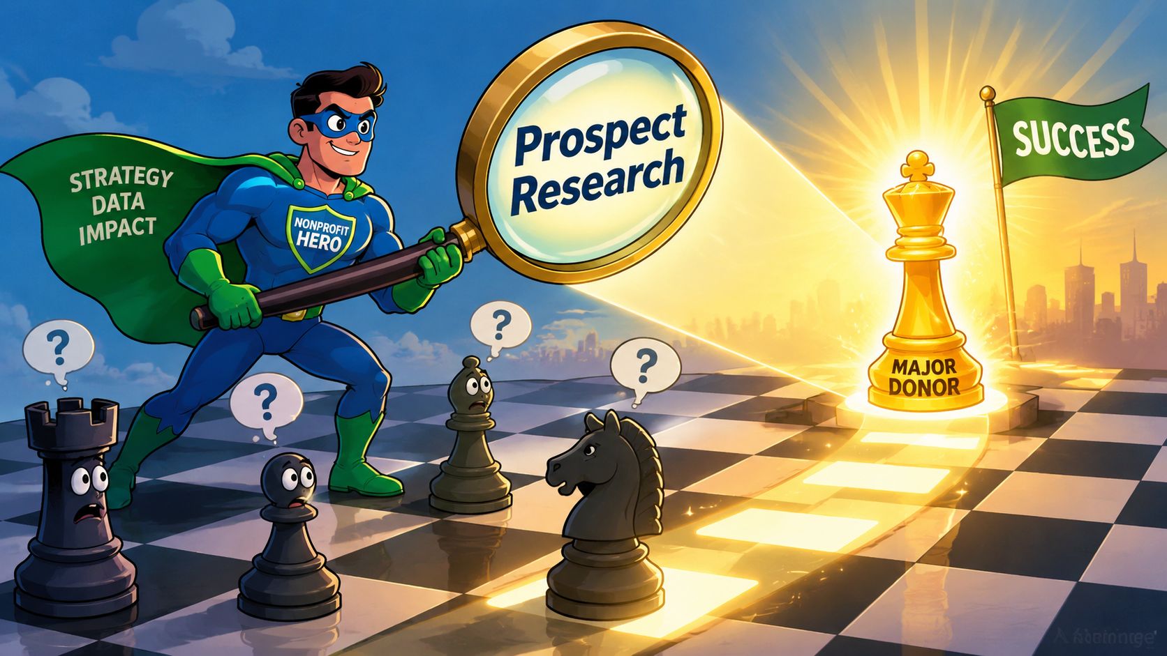 A superhero uses a magnifying glass labeled Prospect Research to reveal a golden chess king major donor.