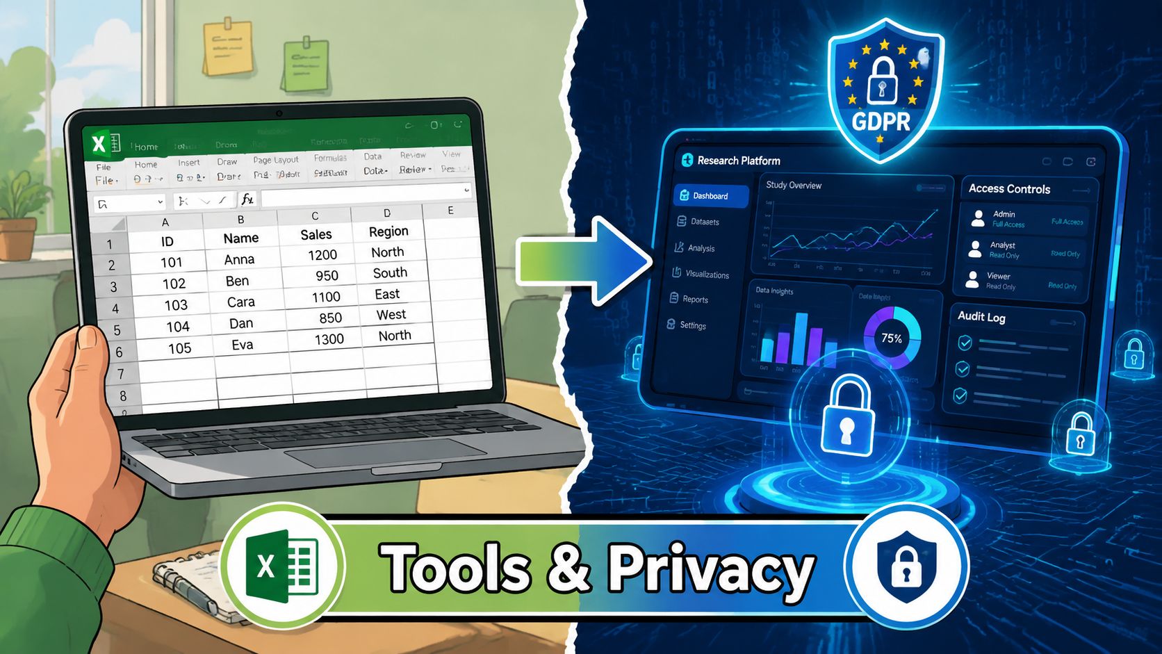 A digital illustration showing the transition from an Excel spreadsheet to a secure, GDPR-compliant research platform interface.