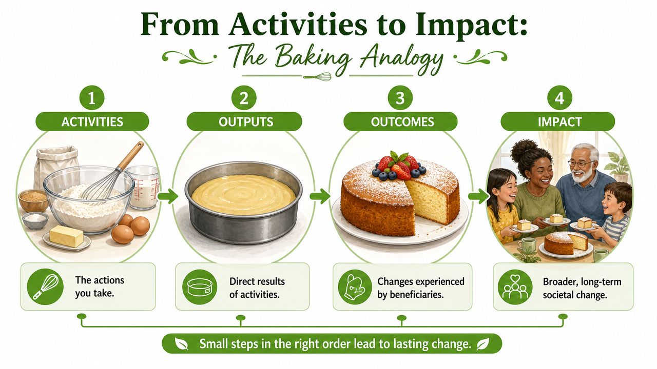 An infographic titled The Baking Analogy illustrating the progression from activities to outputs, outcomes, and long-term impact.