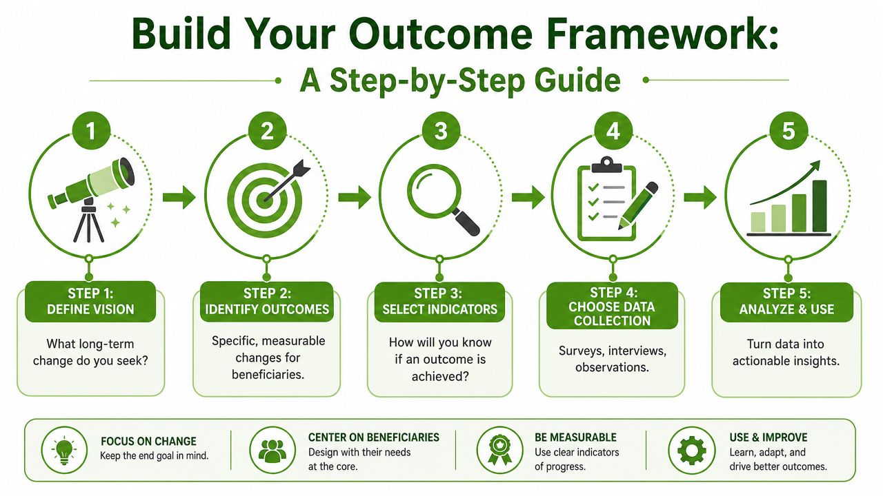 A five-step guide infographic for building an outcome measurement framework, illustrating strategic planning and data analysis processes.