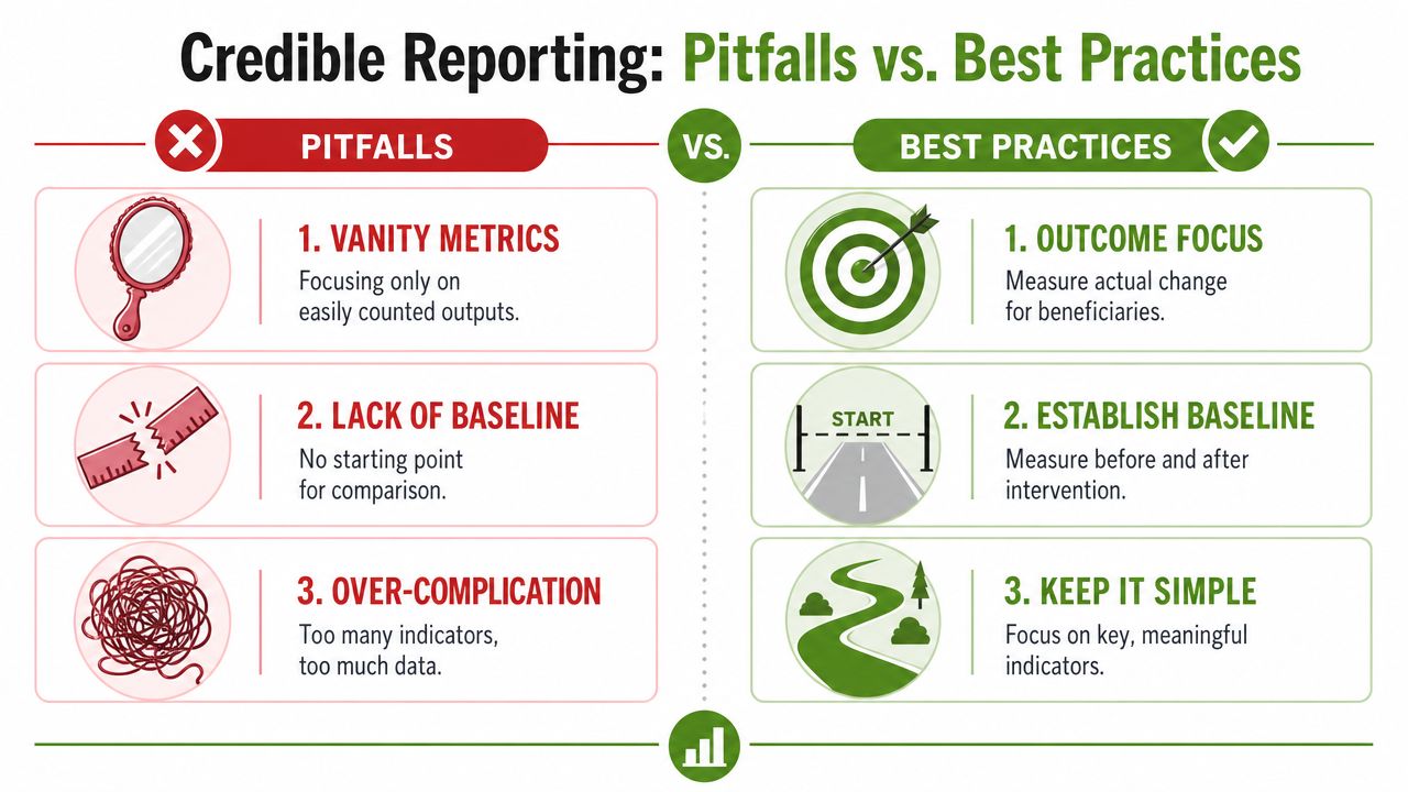 An infographic comparing reporting pitfalls like vanity metrics against best practices such as outcome focus.