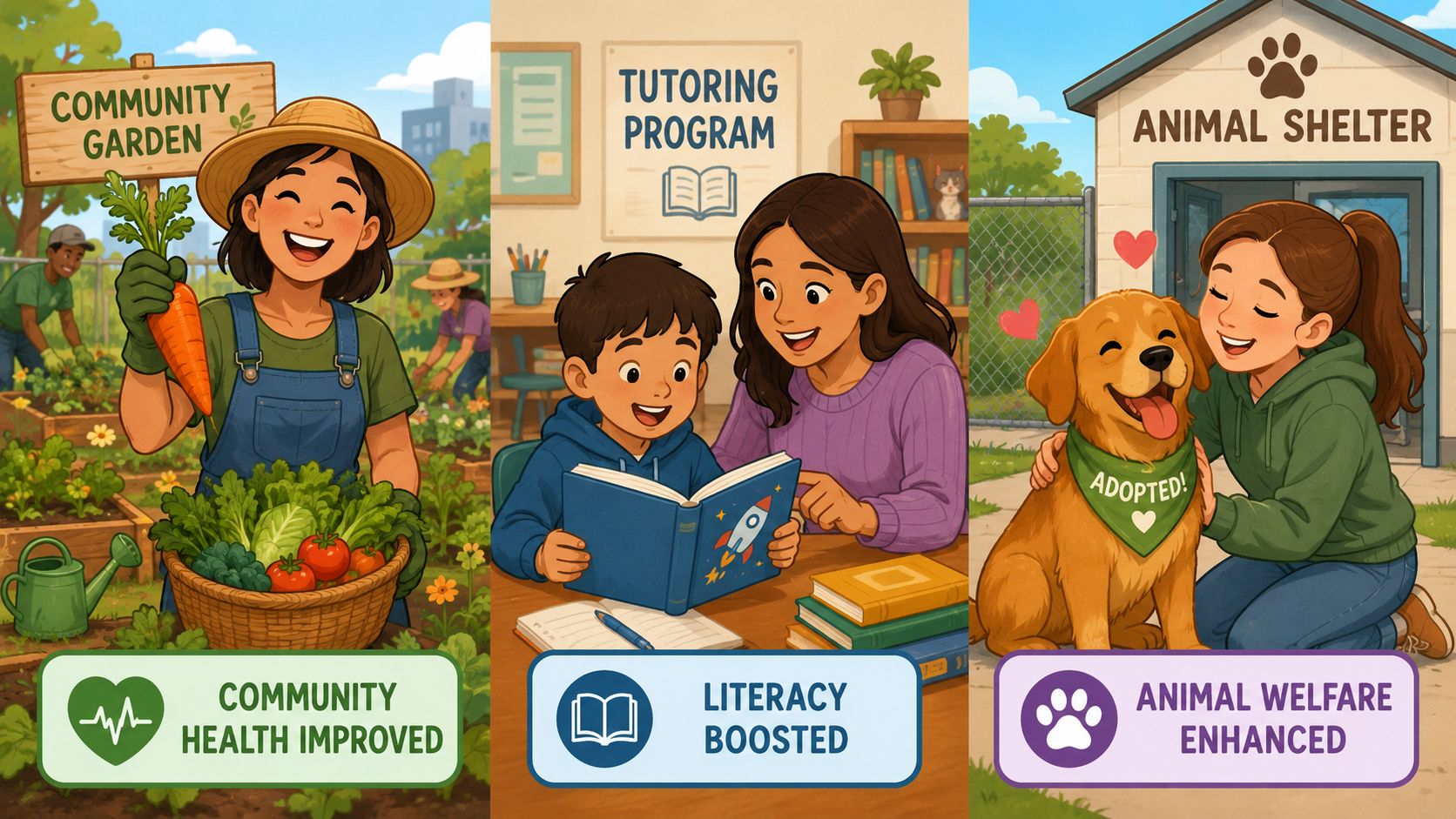 A triptych showing three community programs: a garden, a tutoring session, and an animal shelter adoption.