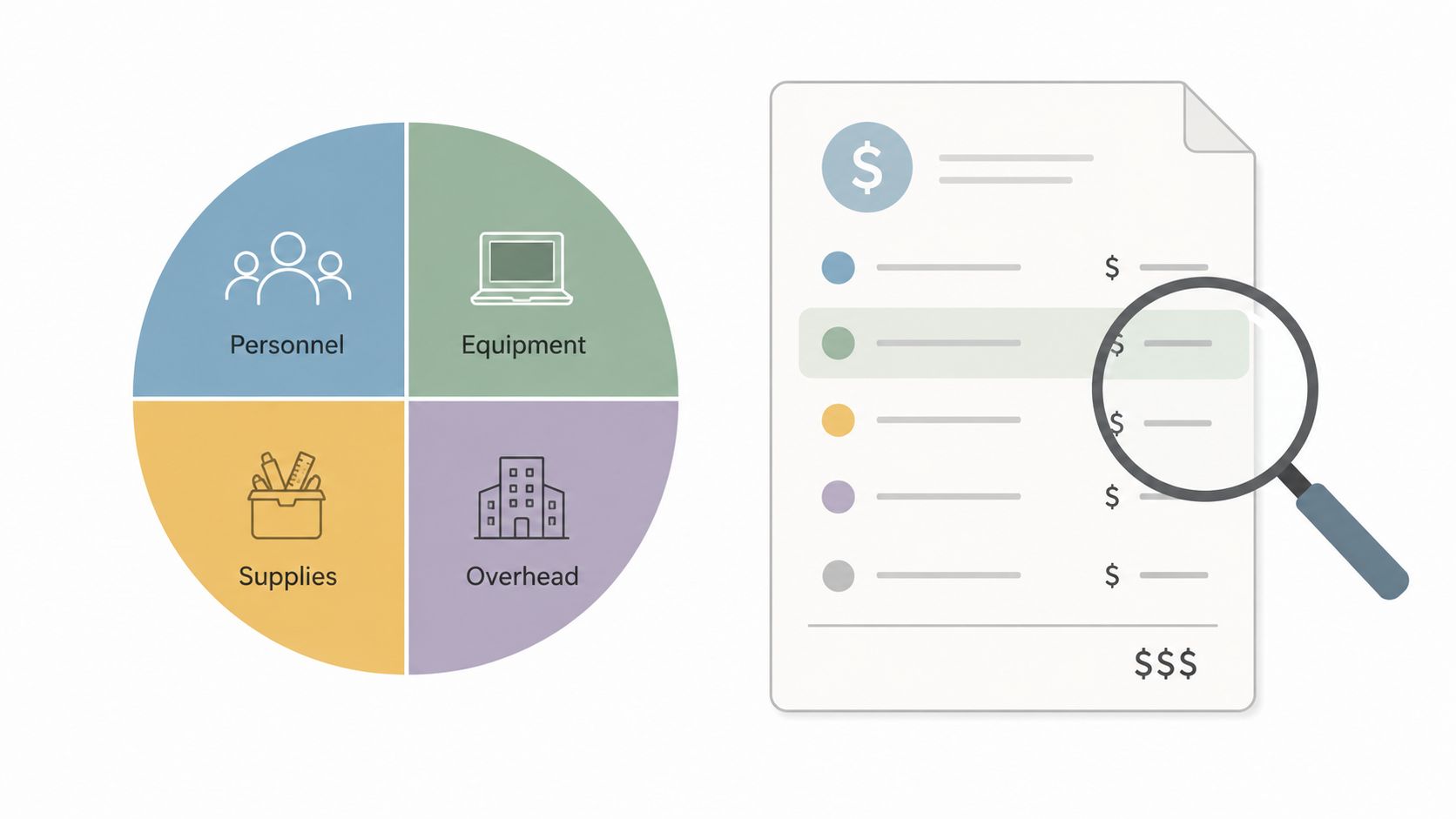 An infographic showing a pie chart of budget categories and a document with a magnifying glass.