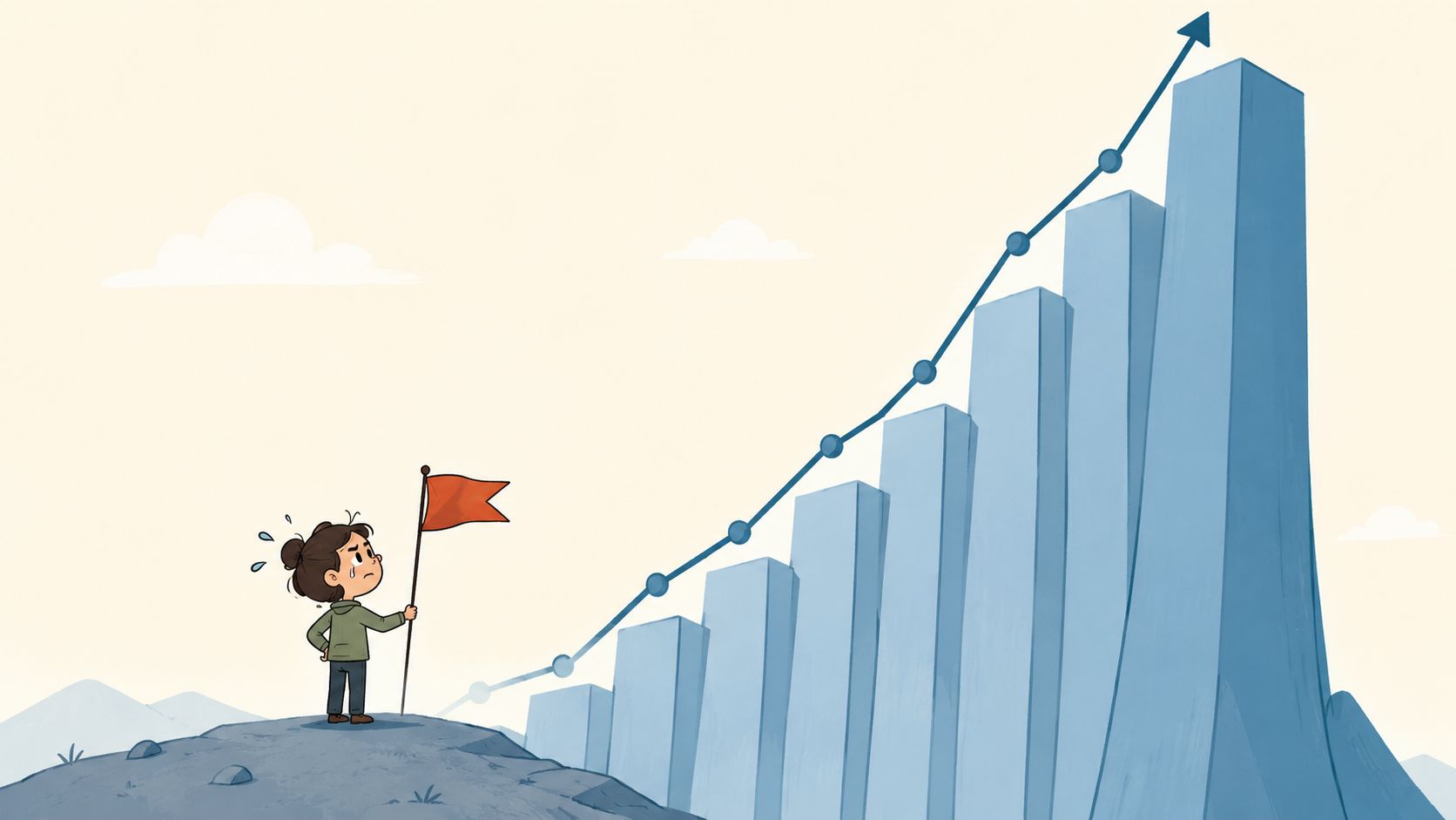 A worried young woman stands on a hill holding a flag beside a rising bar graph chart.