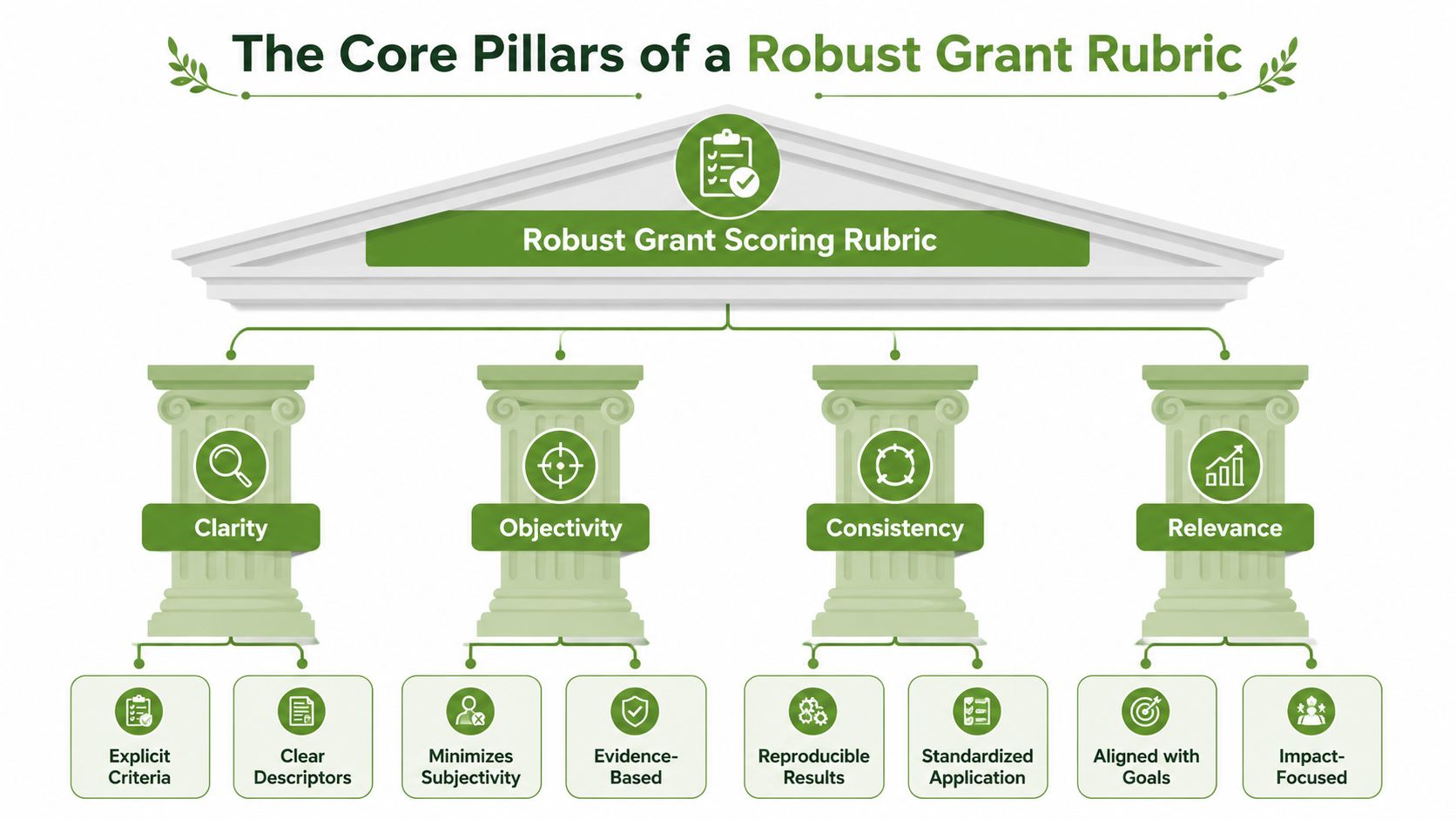 A diagram illustrating the four core pillars of a robust grant scoring rubric including clarity, objectivity, consistency, and relevance.