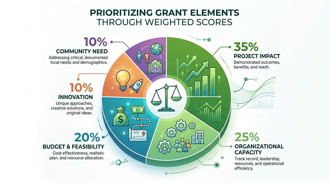 A pie chart infographic titled Prioritizing Grant Elements Through Weighted Scores, showing percentage breakdowns for evaluation criteria.