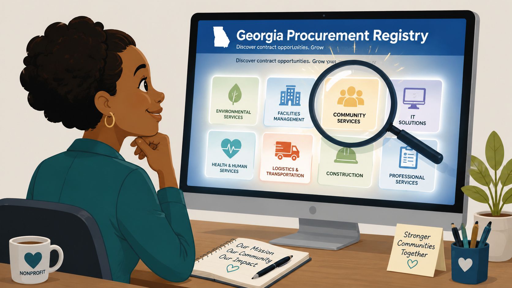 A woman reviewing contract opportunities on the Georgia Procurement Registry website on her computer screen.