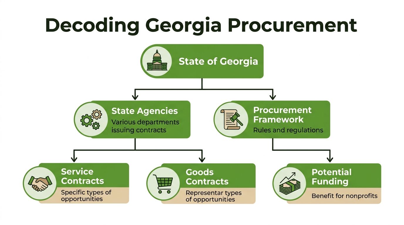 A flowchart titled Decoding Georgia Procurement, illustrating the relationship between state agencies, contracts, and funding frameworks.