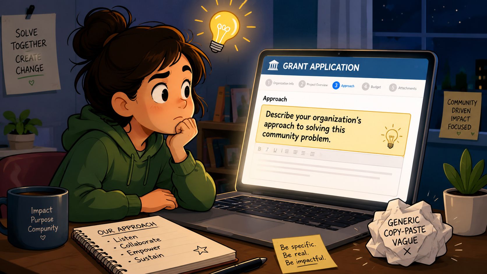 A young woman thoughtfully considering how to write a genuine, impact-focused grant application approach on her laptop.