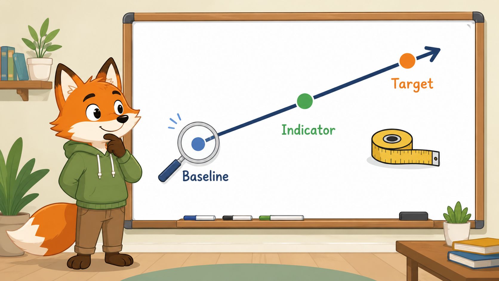 A cartoon fox standing next to a whiteboard illustrating the progression from a baseline toward a target.