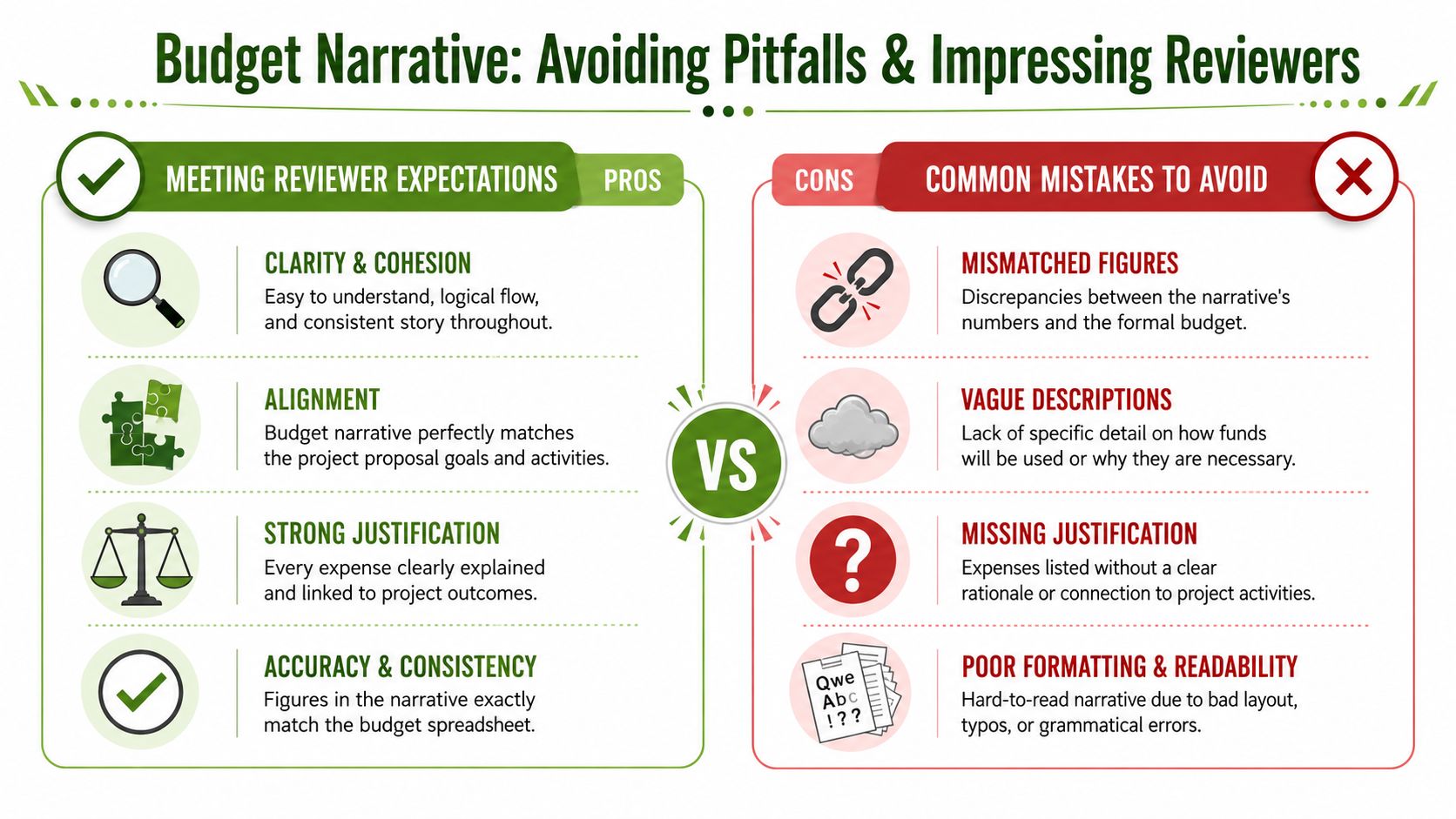 A comparison chart showing best practices versus common mistakes when writing a successful project budget narrative.