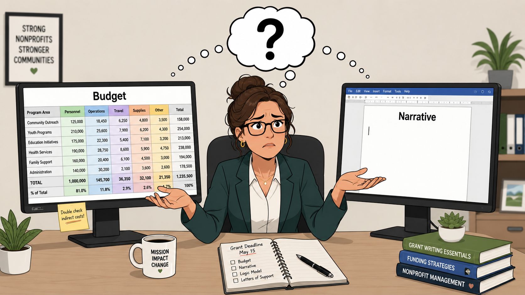 A woman at her desk looking overwhelmed with a budget spreadsheet and a blank narrative document.