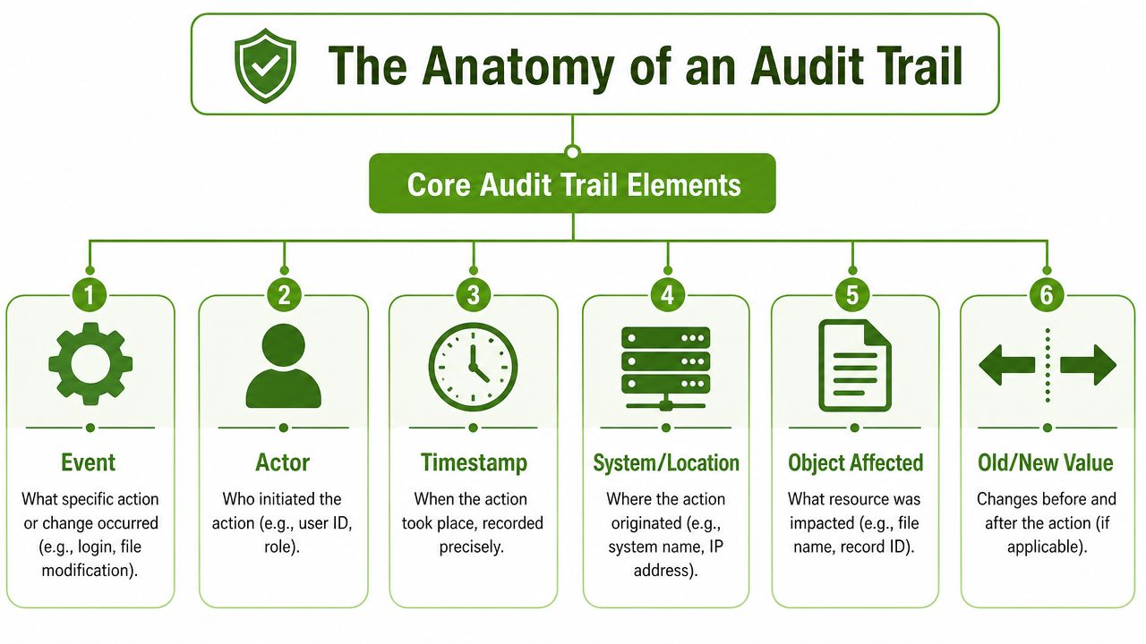 A diagram illustrating the six core elements of an audit trail for tracking system actions and changes.