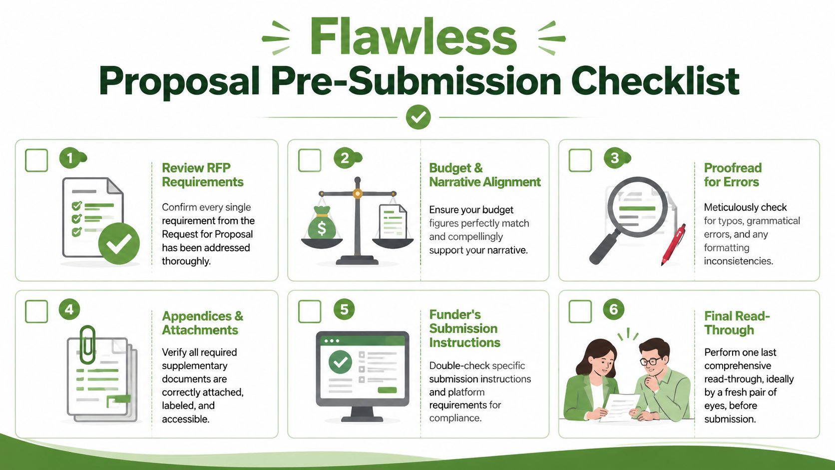 A six-step checklist for ensuring a flawless proposal submission process for grant or project applications.