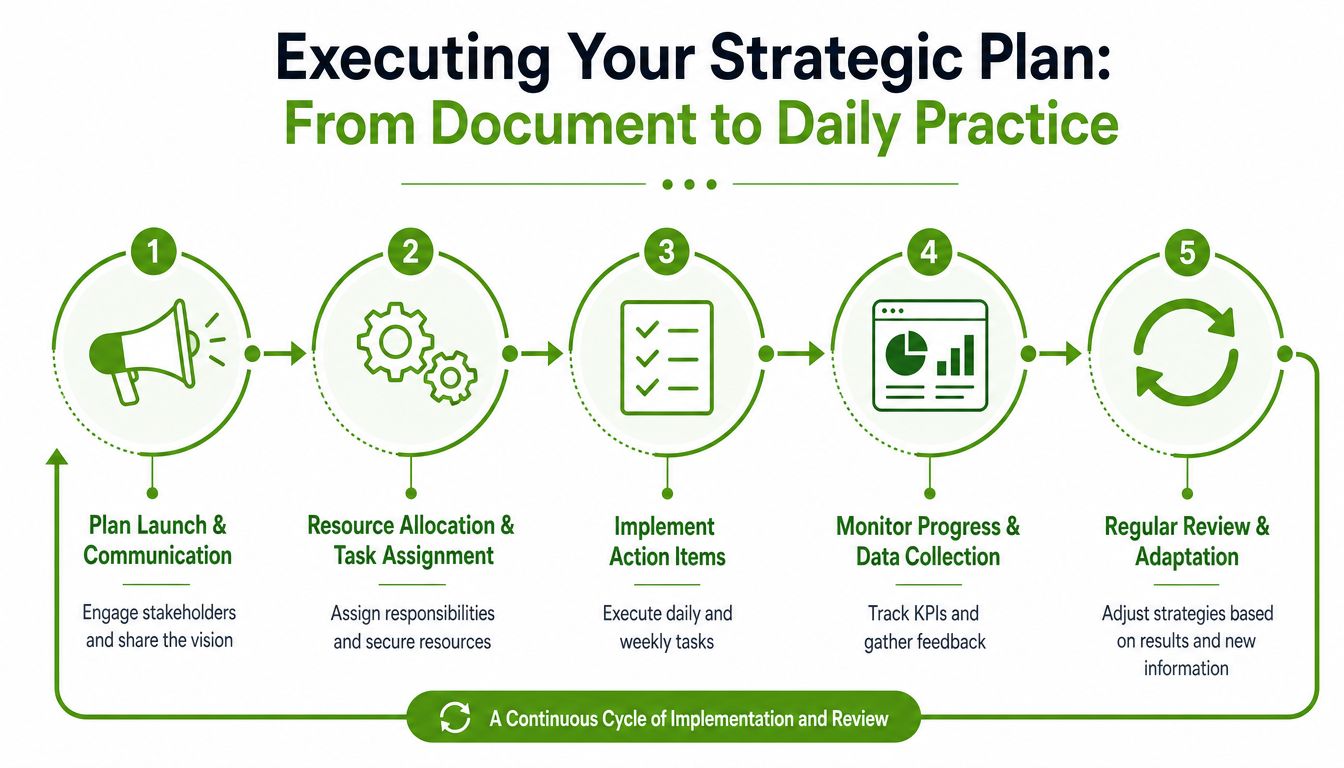 A five-step infographic showing the process of executing a strategic plan from launch to continuous review.