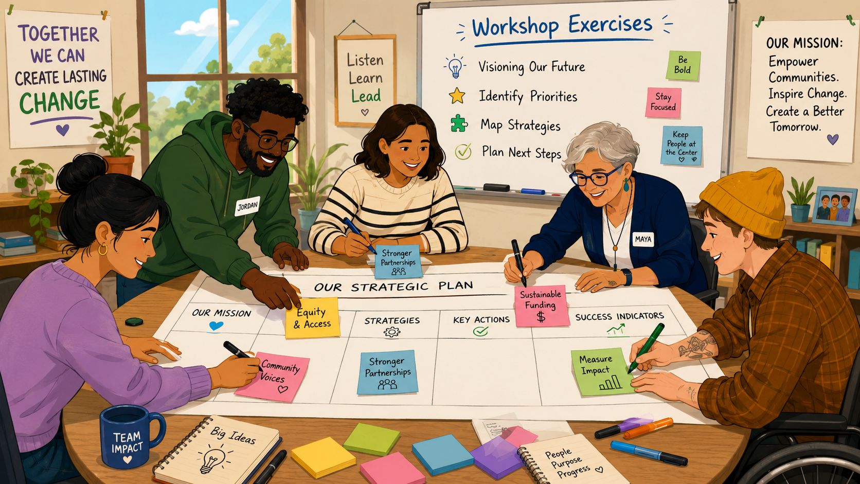 A diverse group of people collaborating together around a table on a nonprofit strategic planning workshop.