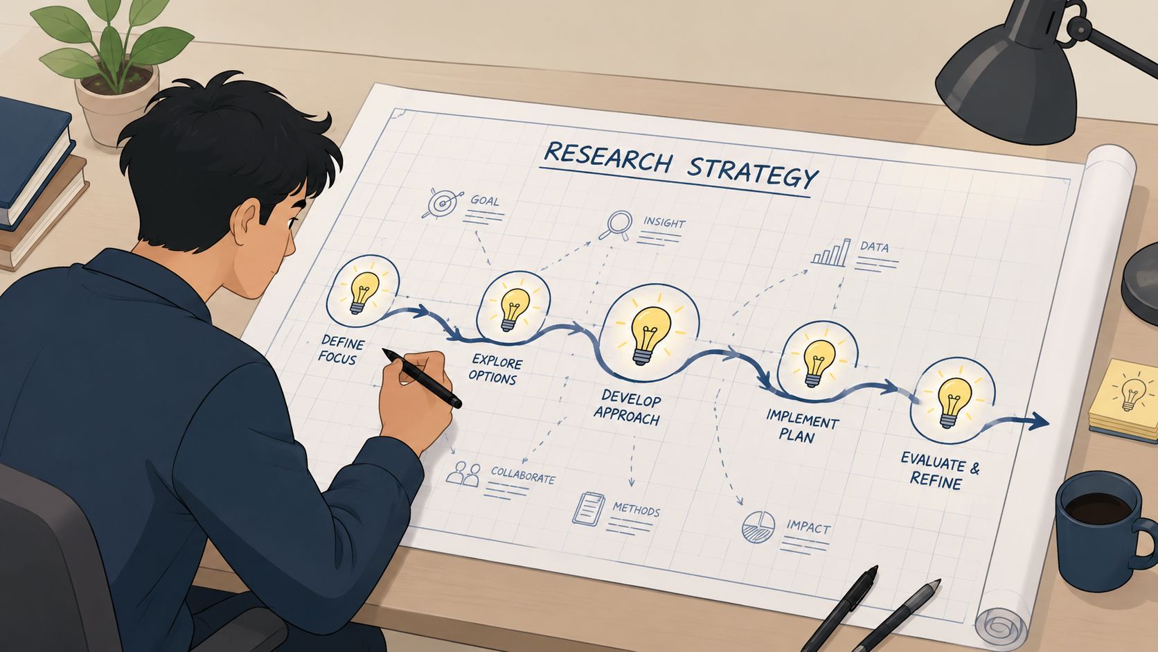 A person drawing a research strategy diagram with steps involving lightbulbs on a large sheet of paper.