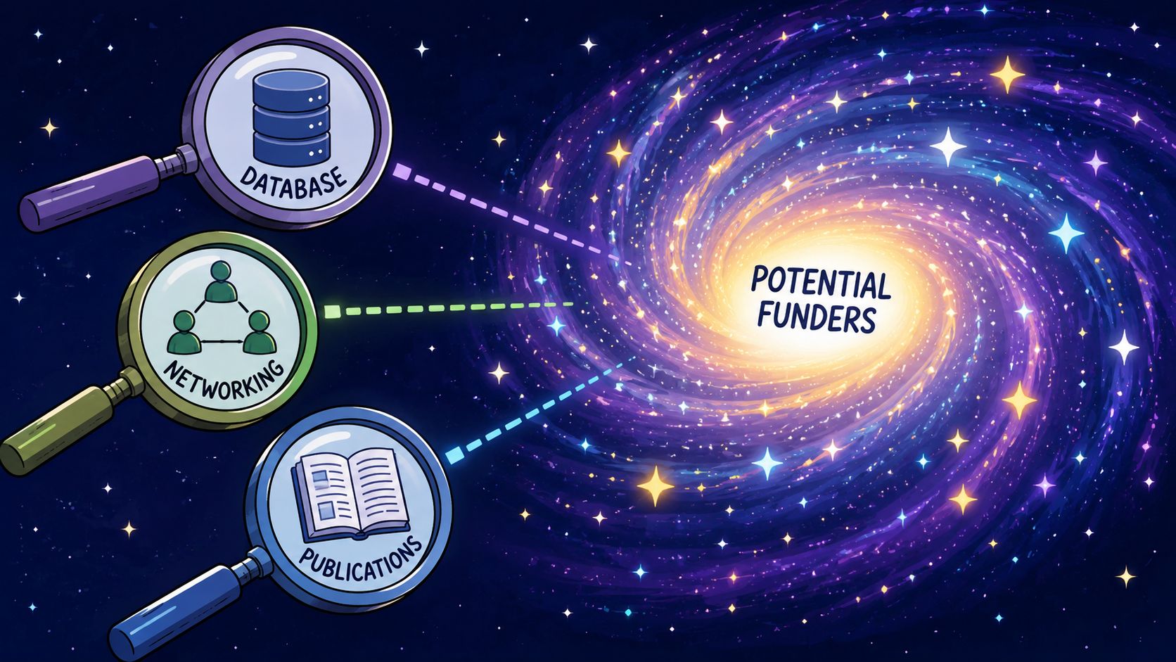 Three magnifying glasses analyzing research databases, networking, and publications, pointed toward a glowing galaxy labeled potential funders.
