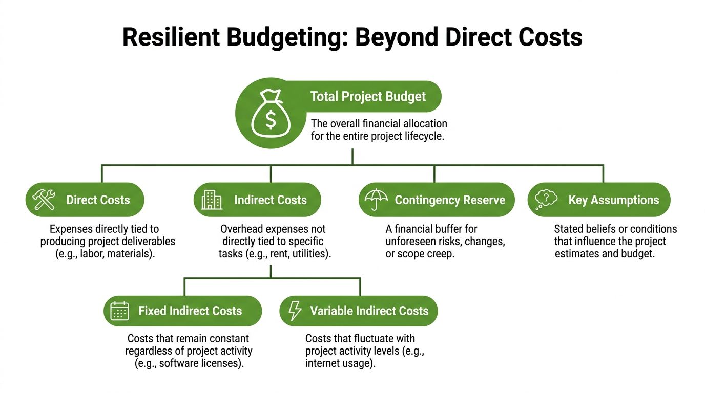 A diagram illustrating components of resilient budgeting including direct costs, indirect costs, contingency reserves, and key assumptions.