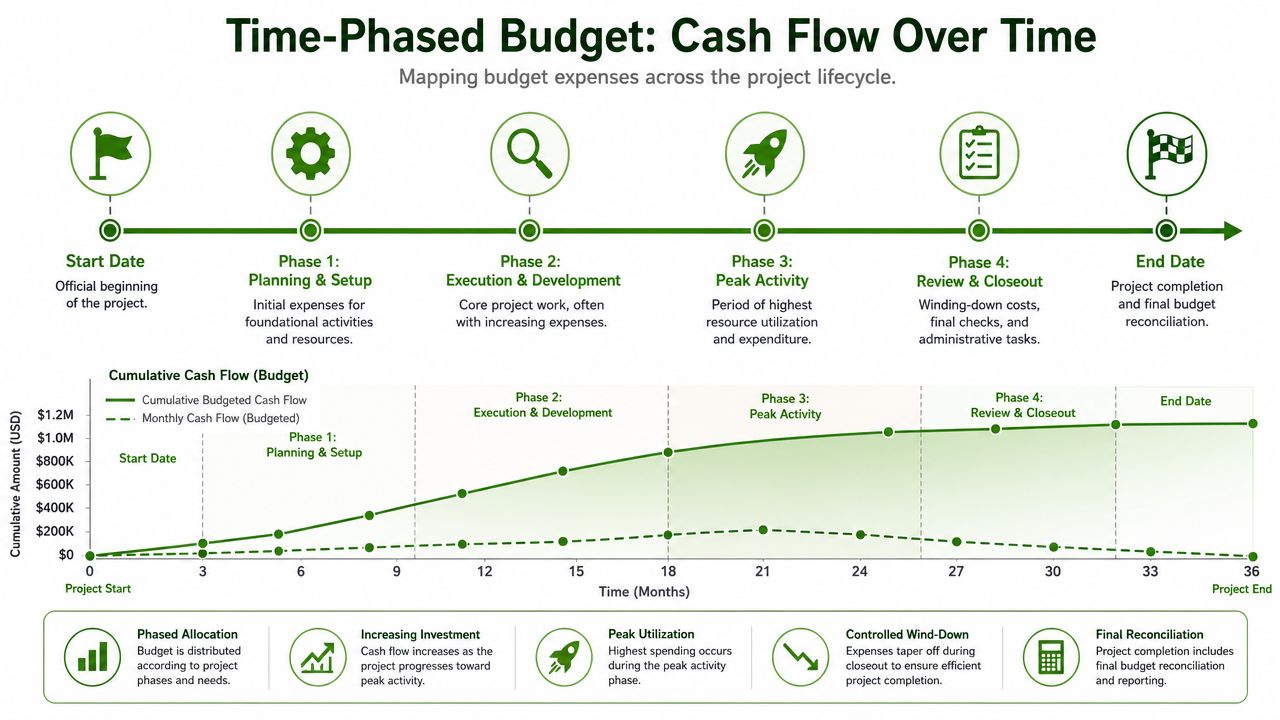 A diagram illustrating the time-phased budget and cash flow projections across various stages of a project.