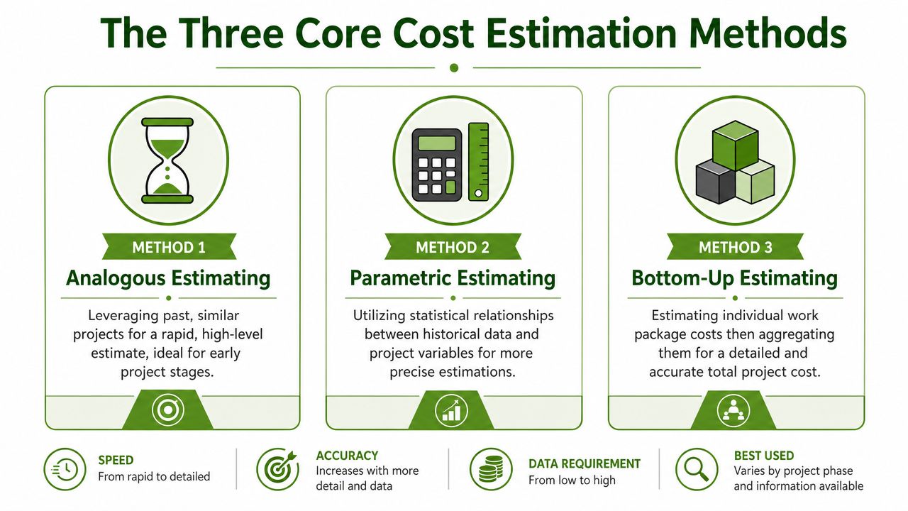 A professional infographic titled The Three Core Cost Estimation Methods, comparing Analogous, Parametric, and Bottom-Up estimating techniques.