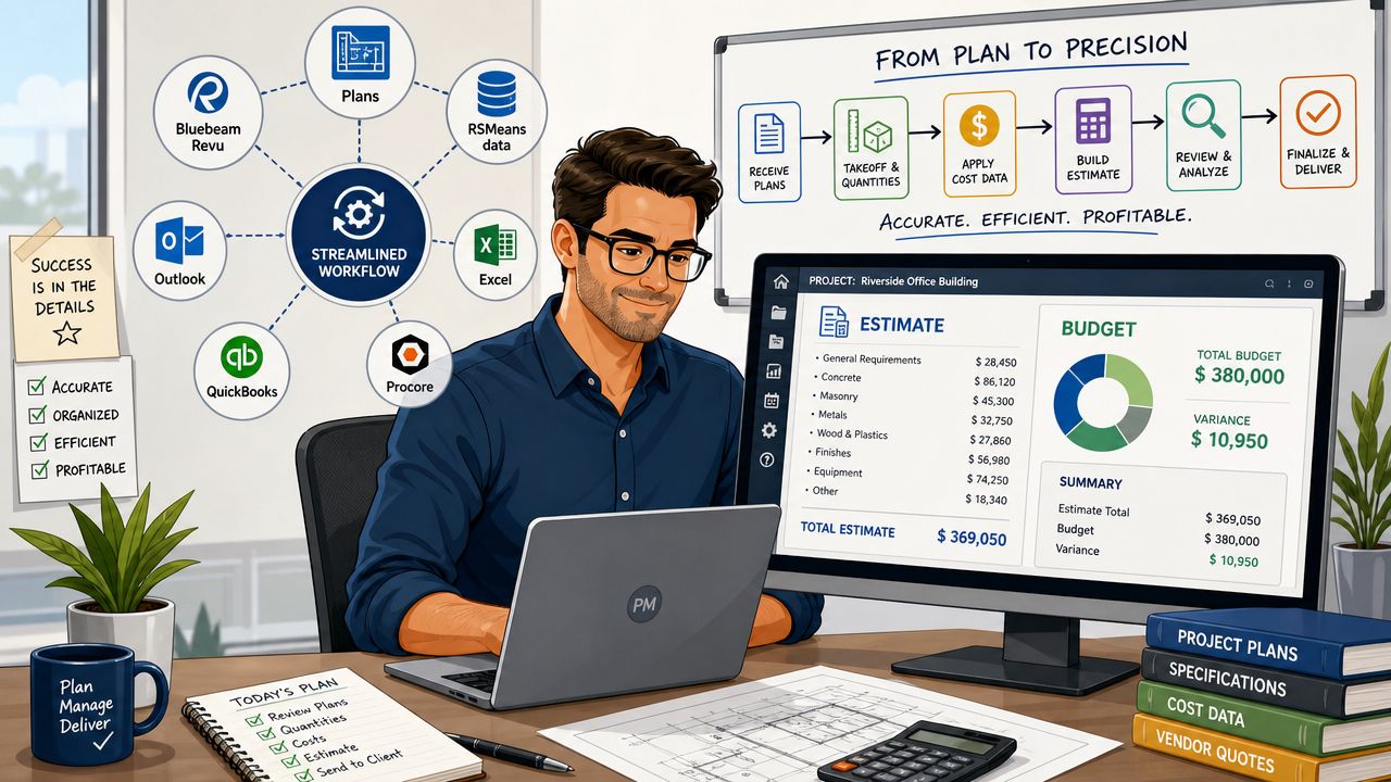A professional construction project manager using software to streamline cost estimation and budget planning at his desk.