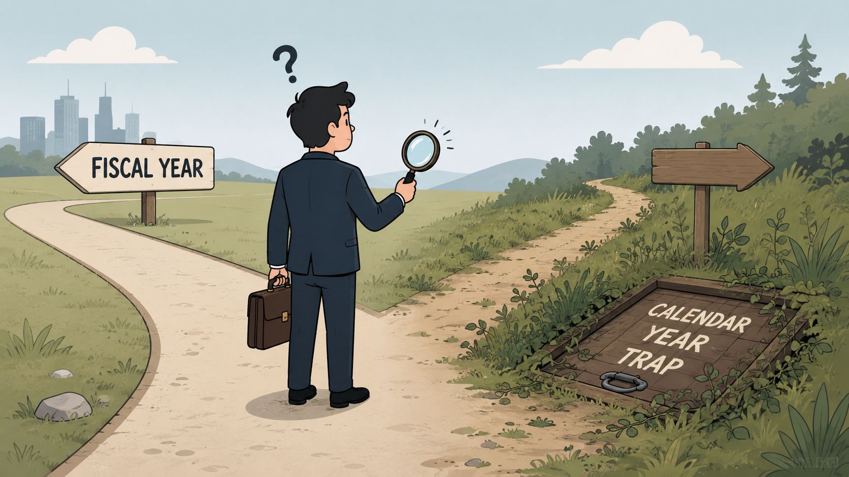 A businessman looking through a magnifying glass at a sign pointing toward a calendar year trap.