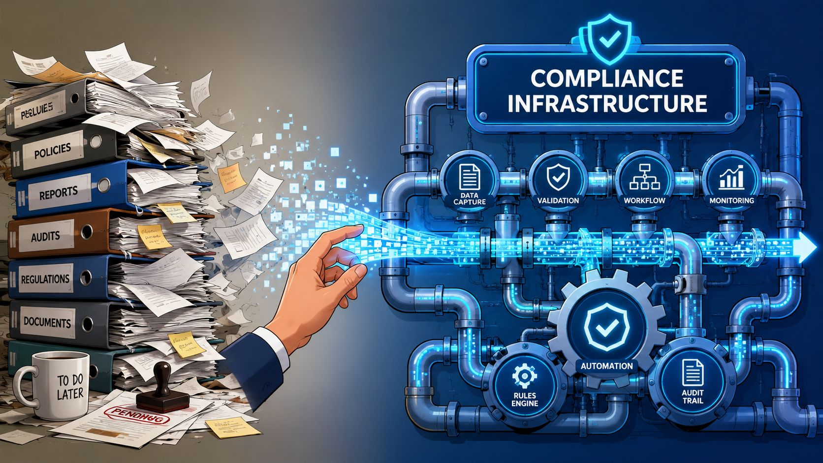A hand transforming disorganized piles of document binders into a digital automated compliance infrastructure system workflow.