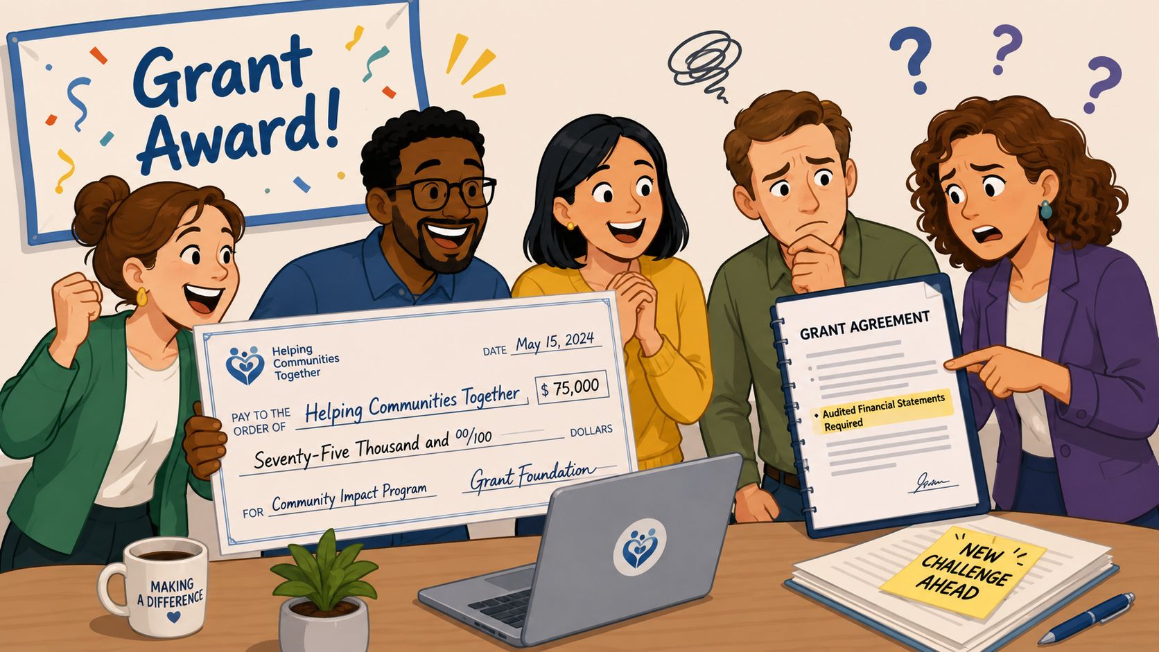 A diverse team celebrating a grant award while feeling concerned about the required audited financial statements.