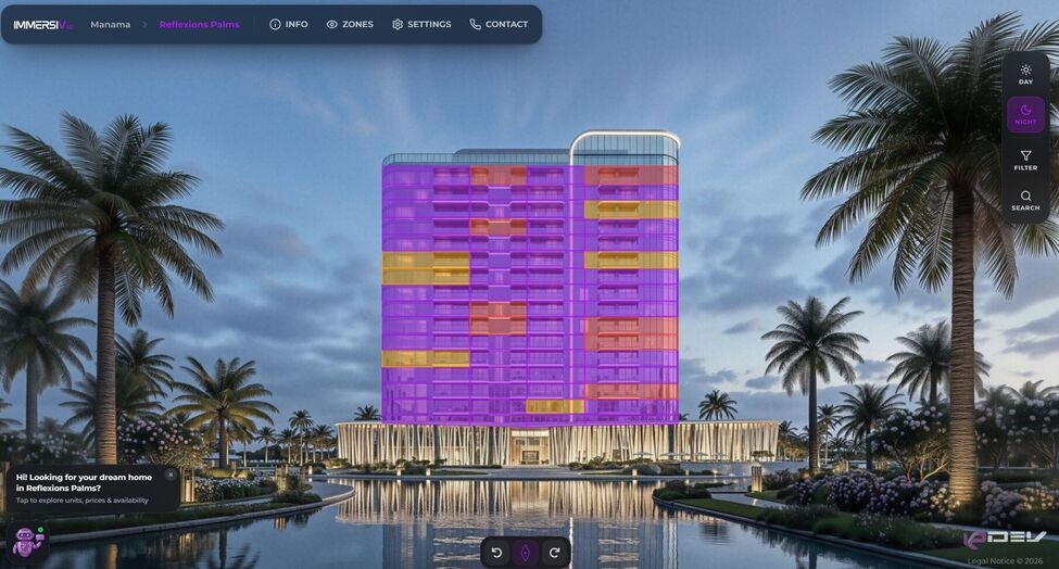 Maquette orbitale web interactive offrant une vue aérienne dynamique du projet immobilier. L’utilisateur peut orbiter librement autour du site, analyser l’implantation, les volumes et l’environnement urbain, et comprendre le projet dans son contexte réel directement depuis un navigateur web, sans installation.
