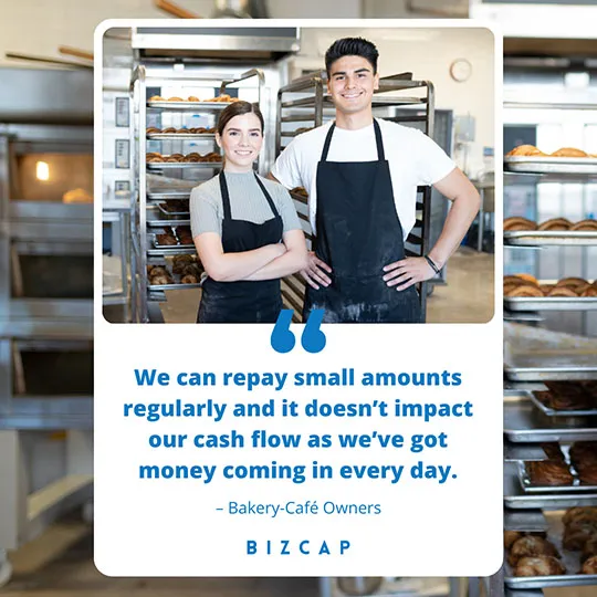 Quote card of bakery owners with a Bizcap business loan.