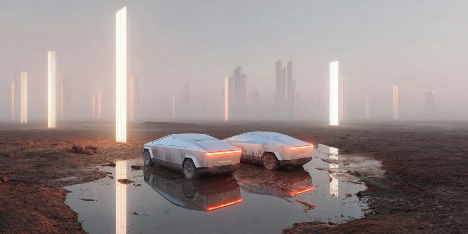 Two futuristic electric pickup trucks parked side by side on muddy terrain with puddles reflecting illuminated vertical light pillars in a foggy, desolate landscape.