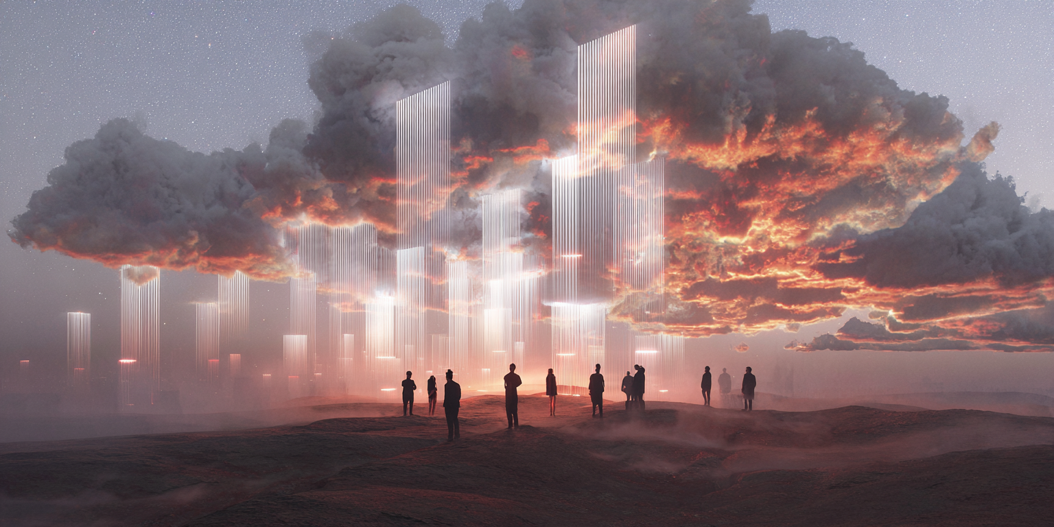Silhouettes of people standing on a rocky terrain under a cloudy sky illuminated with vertical glowing light beams resembling abstract skyscrapers.