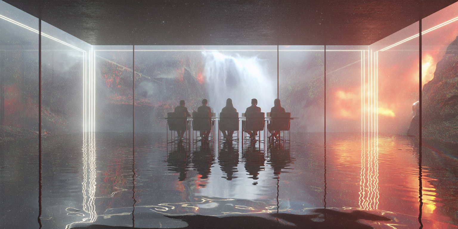 Silhouettes of five people sitting at a glass table inside a modern glass room with water on the floor and a waterfall visible outside.