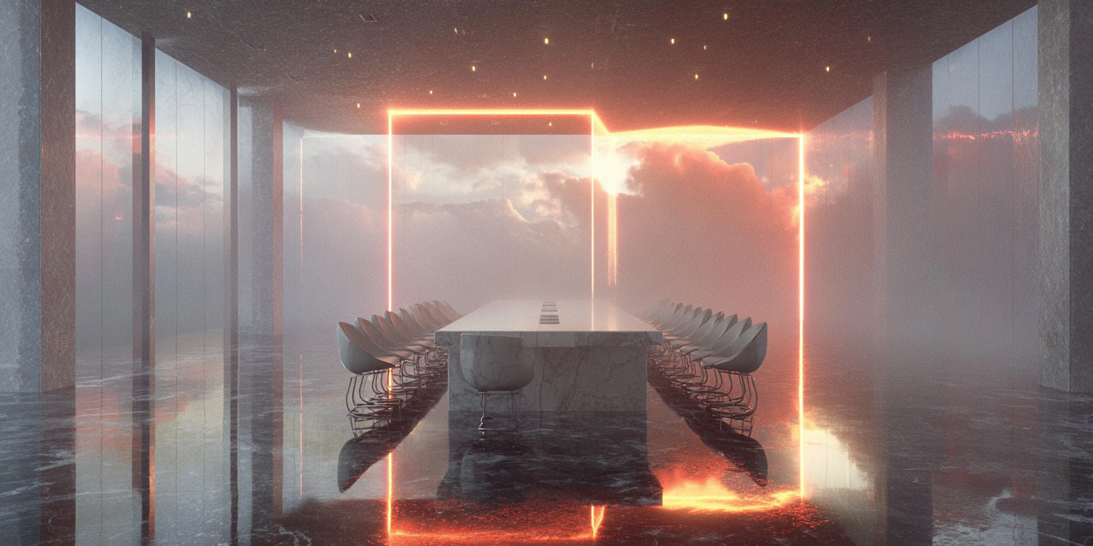 Modern marble conference table with sleek chairs inside a glass room illuminated by glowing orange neon light frames and reflective floor.
