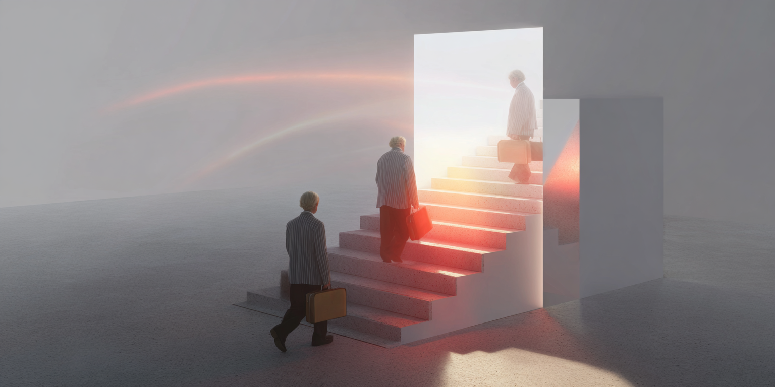 Three identical men carrying briefcases ascending a staircase emerging from a glowing doorway in a minimalist, foggy environment.