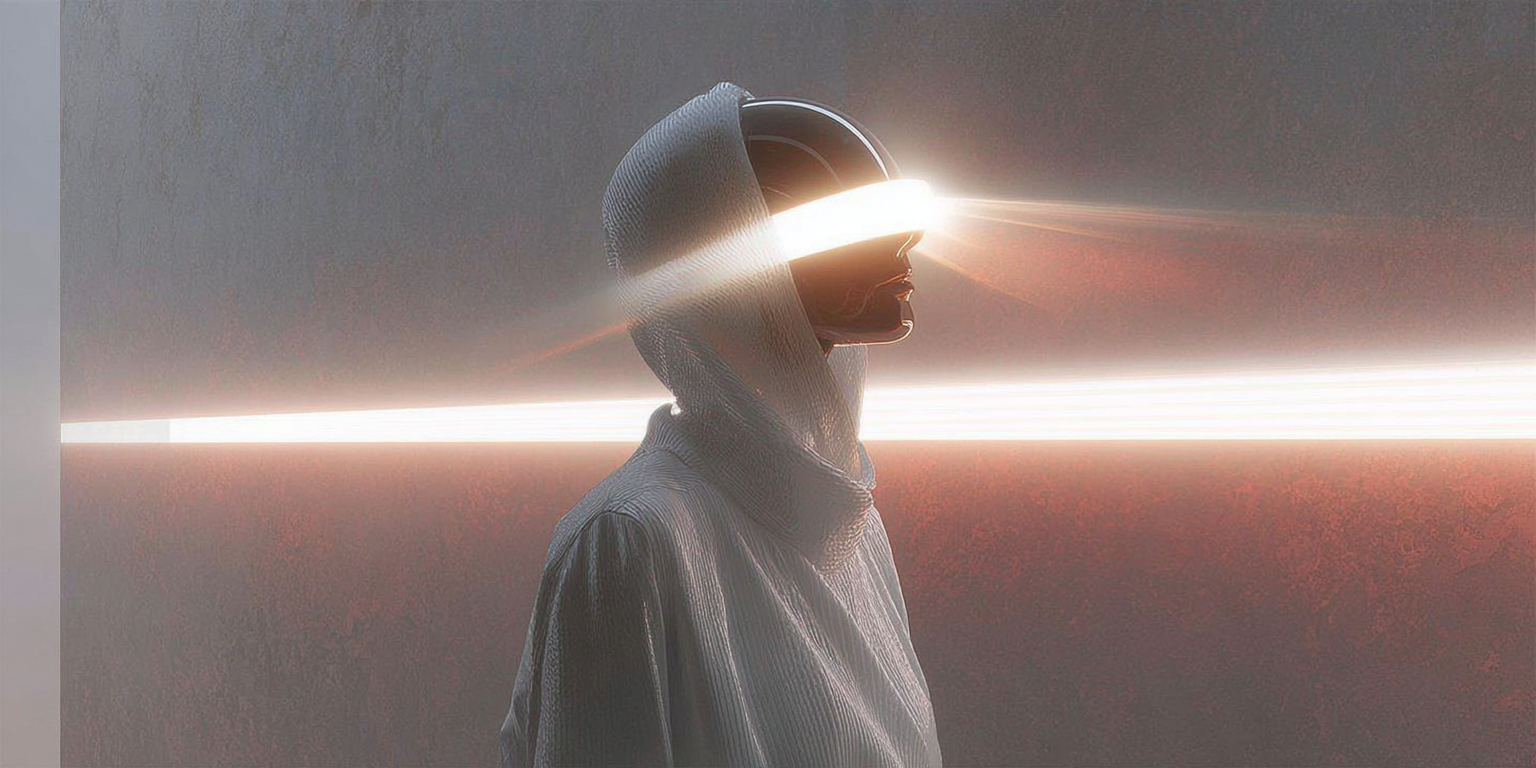 Person wearing a hood and futuristic visor emitting horizontal bright light beams in a dark textured space.