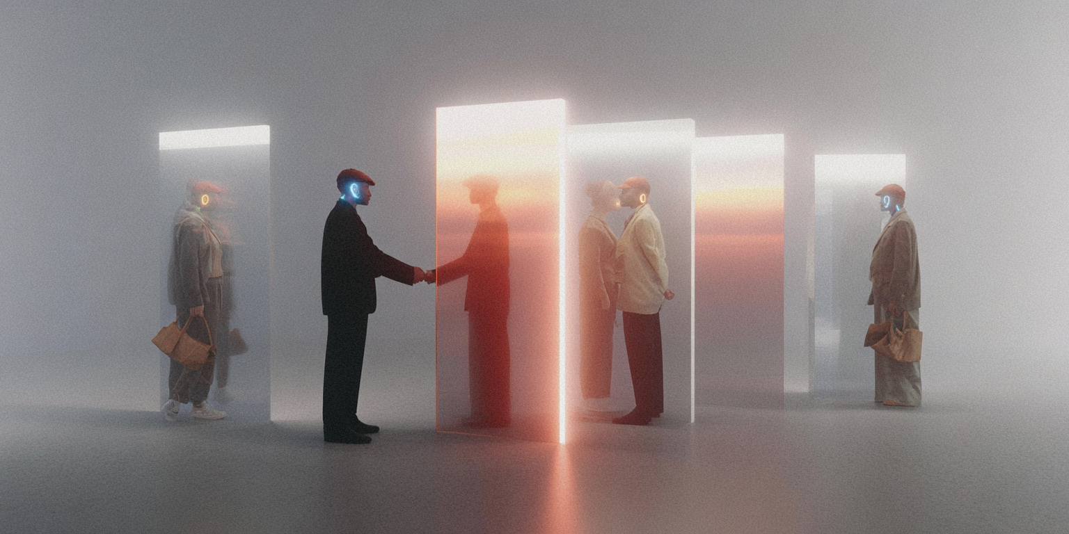 Futuristic scene with people wearing glowing masks, separated by transparent illuminated panels, two shaking hands and another pair standing close face-to-face.