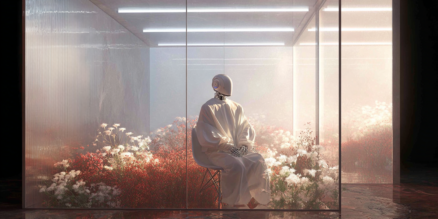 A humanoid robot wearing a white robe sits on a chair inside a glass enclosure filled with glowing flowers and illuminated by soft overhead lights.