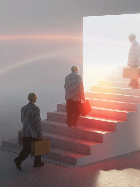 Three elderly men in striped jackets carrying briefcases walking up illuminated stairs into a bright doorway in a surreal setting.