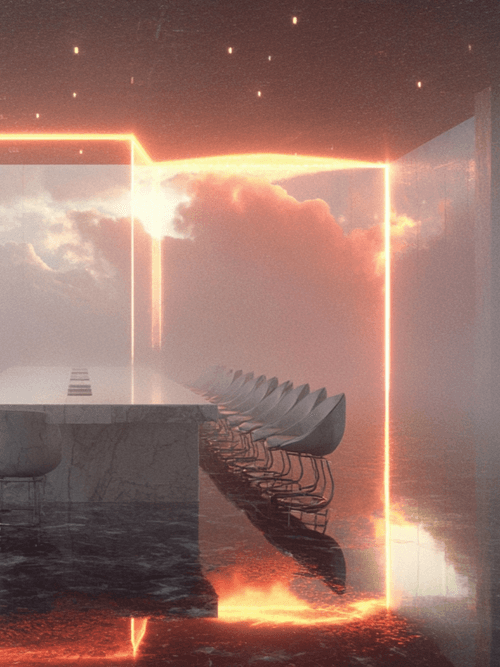 Futuristic boardroom with a long marble table, modern chairs, and glowing orange neon lights framing the room against a cloudy sky backdrop.