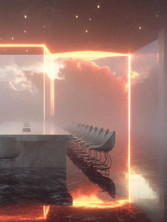 Futuristic boardroom with a long marble table, modern chairs, and glowing orange neon lights framing the room against a cloudy sky backdrop.