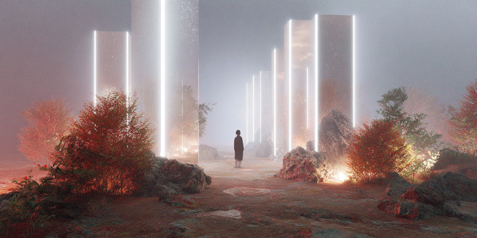Person standing on a path surrounded by glowing vertical light pillars, rocks, and red-leaved bushes in misty atmosphere.