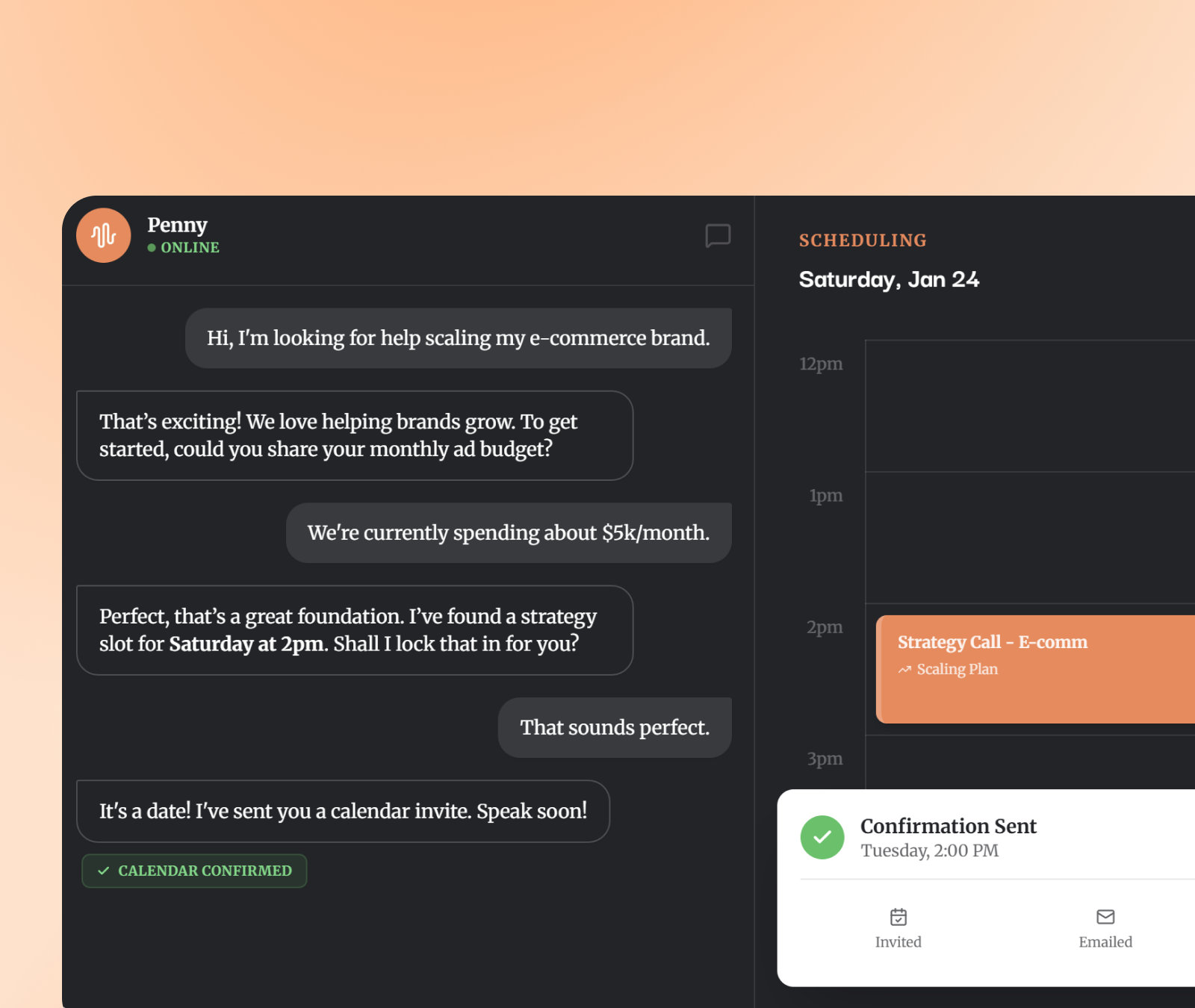 Automated appointment scheduling system showing real-time availability checking, booking confirmation, and CRM updates