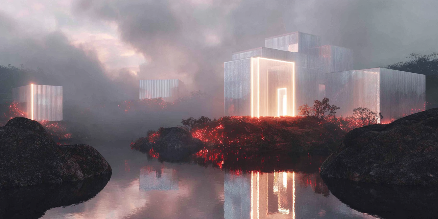 rchitectural blueprint style diagram showing custom software design process connecting business operations to integrated systems