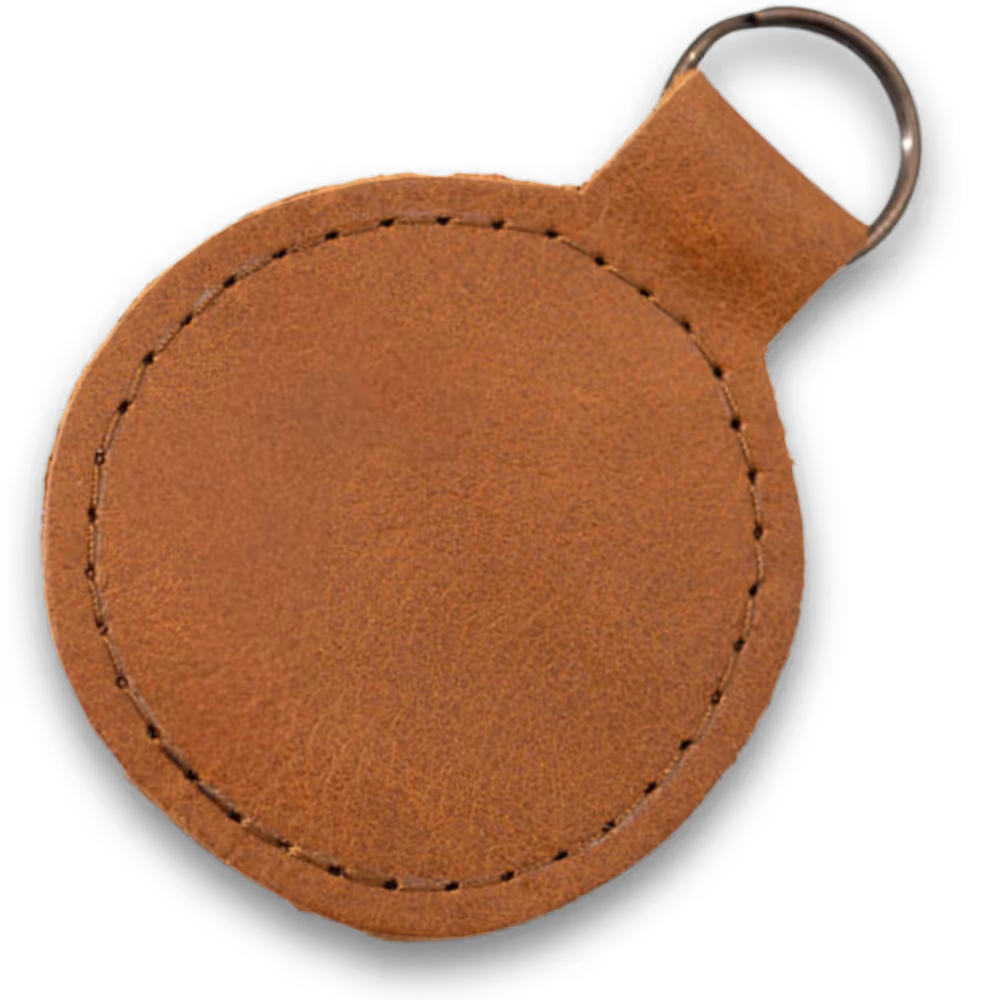 Round brown leather keyring with stitched border and metal ring attached.