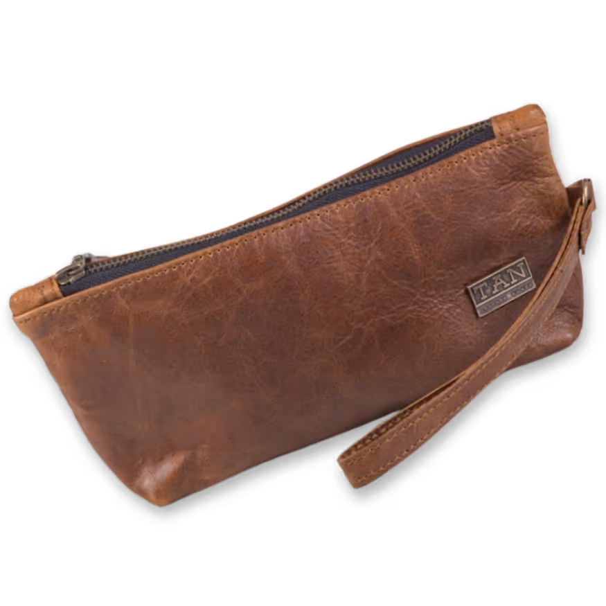Brown leather zippered pouch with wrist strap and TAN logo patch.