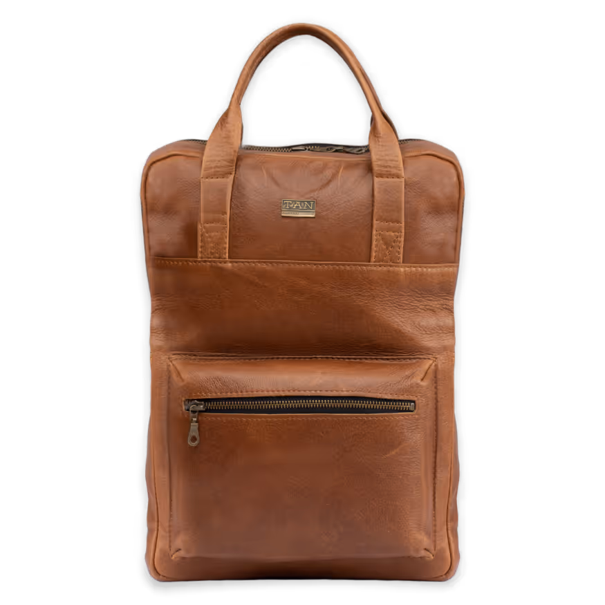 Brown leather backpack with a front zippered pocket and dual top handles.