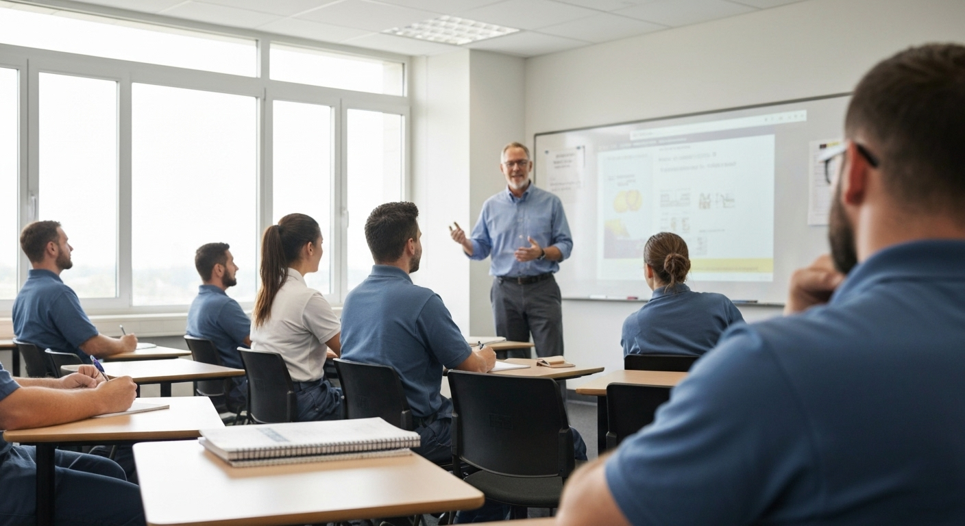 Workers in safety training classroom