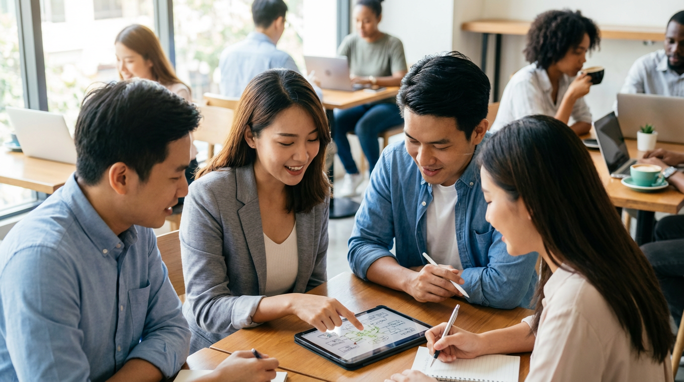 ภาพประกอบแสดงการอบรมความปลอดภัยที่มีผู้เข้าร่วมหลายคนกำลังสนใจในเนื้อหา มีอุปกรณ์เทคโนโลยีและกราฟแสดงข้อมูล